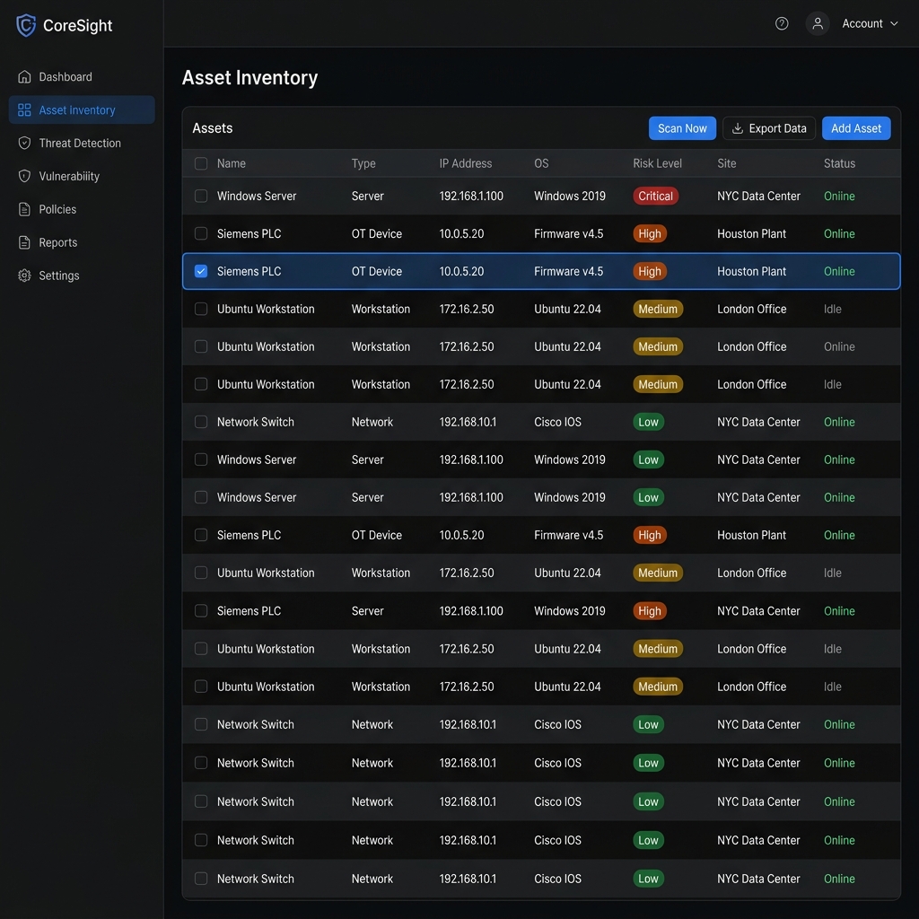 Vue gestion des actifs IT et OT avec niveaux de risque