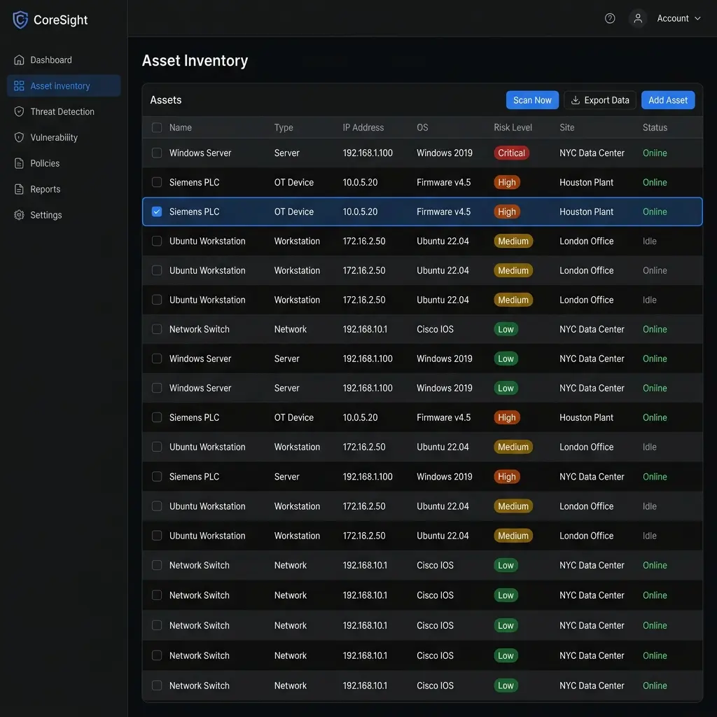 Vue gestion des actifs IT et OT avec niveaux de risque